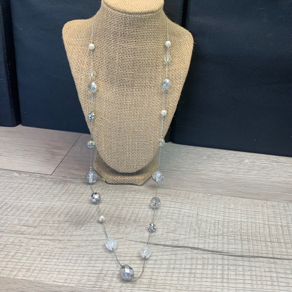 New York & Company Silver Tone Faux Pearl Faceted Bead Station Necklace 32 Inch